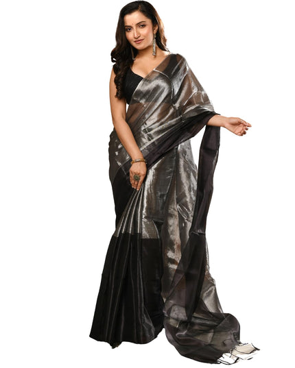 dB DESH BIDESH Women`s Silk Party, Wear Saree for woman latest, design Zarina Fancy Style Cotton linen sarees Copper Zari With Blouse Piece | Women Saree (Black Saree)