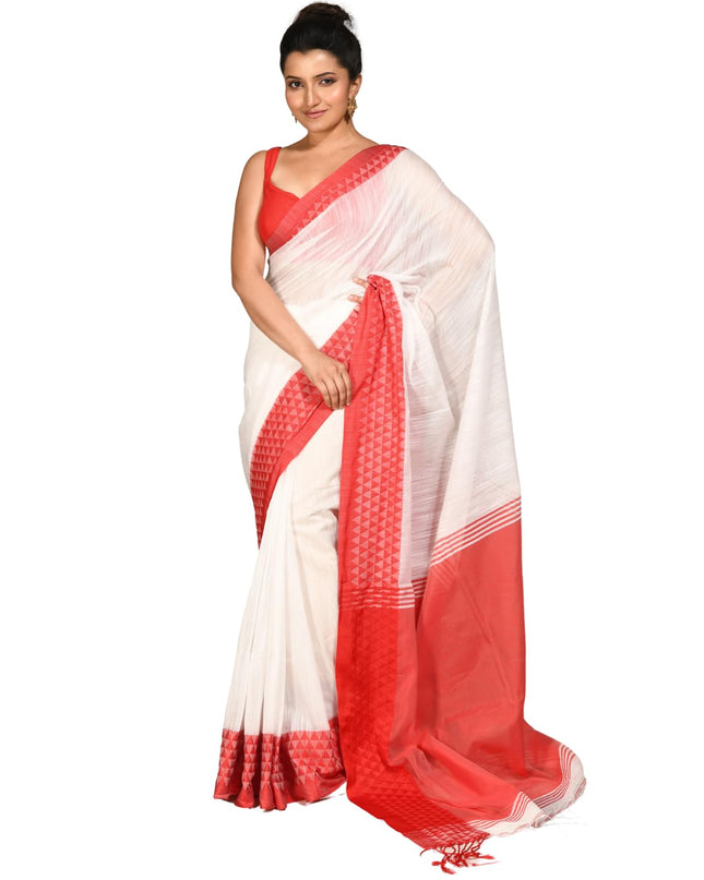 dB DESH BIDESH Women`s Silk Blend Woven Design Saree Templemala Lal Par Sada Sari Design New Soft Cotton Silk Red White Saree For Festival With Blouse Piece