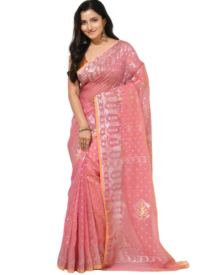 dB DESH BIDESH Women's Soft Cotton Silk Jamdani Sarees For Women for Party Festival Wedding Silk Saree GlamQueen Gold Work Design Without Blouse piece (Coral Pink)