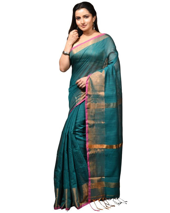 dB DESH BIDESH Women`s Cotton Silk ajrakh Saree with Gold Zari Border RoopZari Trendy Cotton Soft Silk Saree | Saree for Woman (Teal Green)