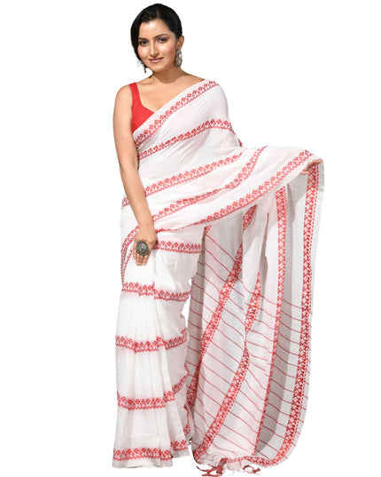 dB DESH BIDESH Women`s Cotton Saree For Woman Red White Diamond Grid Woven Pure Cotton Soft Tant Saree Traditional Bengal Border & Tassels With Blouse Piece