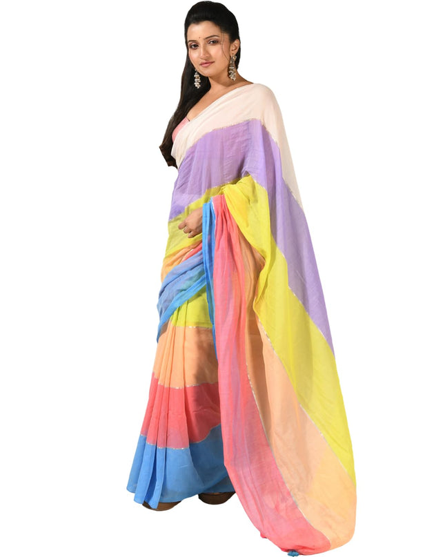 dB DESH BIDESH Women`s Mul Cotton Sarees Soft Zari Fancy Candy Latest, Design Party, Wear Cotton New Linen Saree For Woman With Blouse Piece (WHITE PURLPE YELLOW BLUE)