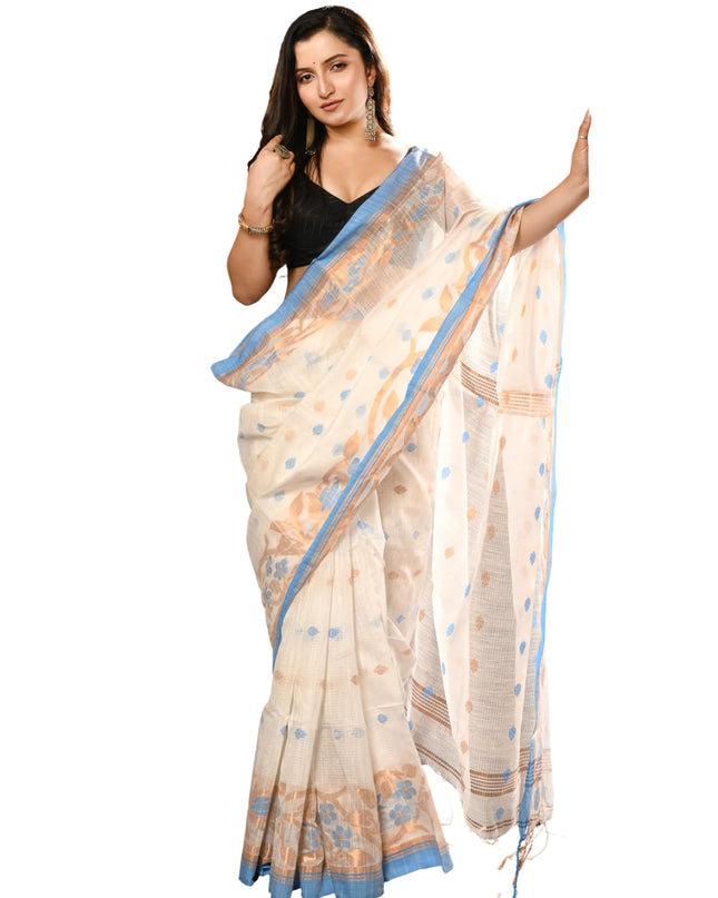 dB DESH BIDESH Women`s Cotton Silk Saree with Gold Zari Floral Woven Svarna Lata Design Soft Modal Silk Women Saree With Blouse Piece | Sari for women (White)