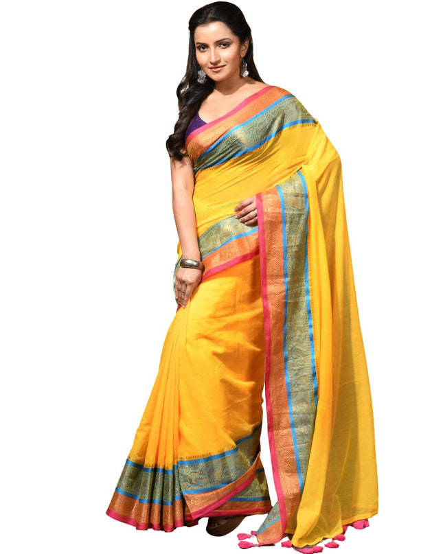 dB DESH BIDESH Women's Kanjivaram Soft Cotton Linen Silk Saree Rajrani Design Latest, Fancy South India Style Saree With Blouse Piece (Yellow Saree)