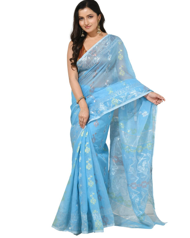 dB DESH BIDESH Women's Soft Cotton Silk Jamdani Sarees For Women for Party, Wear Linen Silk Saree Zarikatha Design Cotton saree for woman Without Blouse piece (Blue)
