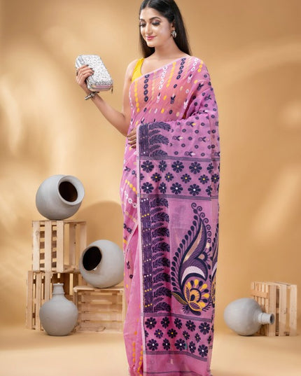 DESH BIDESH Pink & Black Woven Design Pure Cotton Handloom Jamdani Saree