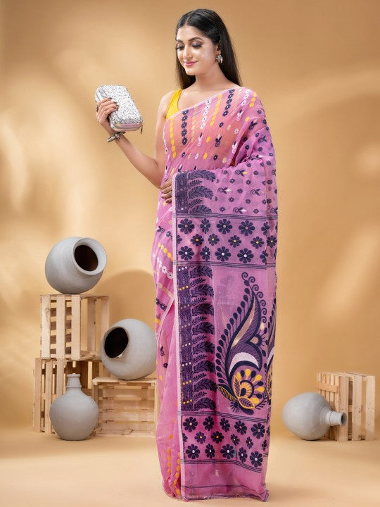 DESH BIDESH Pink & Black Woven Design Pure Cotton Handloom Jamdani Saree