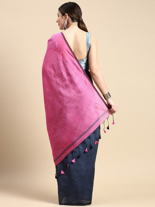 DESH BIDESH Premium Ghicha Cotton Colourblocked Half & Half Saree with Blouse Piece