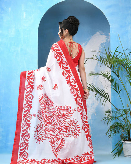 DESH BIDESH Ethnic Motifs Printed Pure Cotton LaalShwet Mulmul Saree