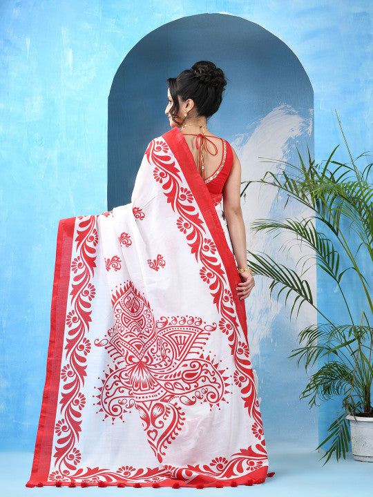 DESH BIDESH Ethnic Motifs Printed Pure Cotton LaalShwet Mulmul Saree