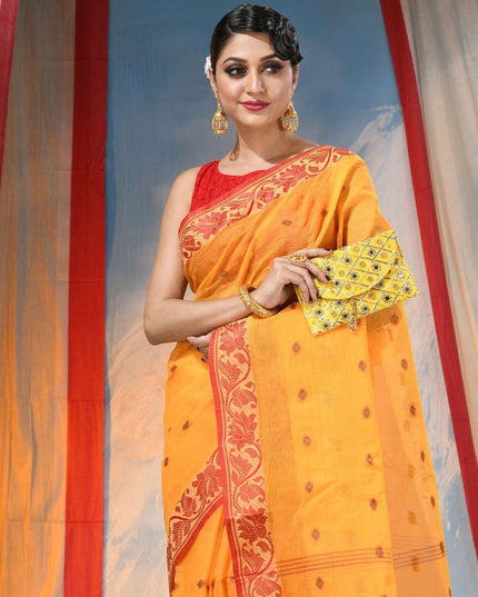 DESH BIDESH Traditional Yellow & Red Woven Pure Cotton Saree with Elegant Design