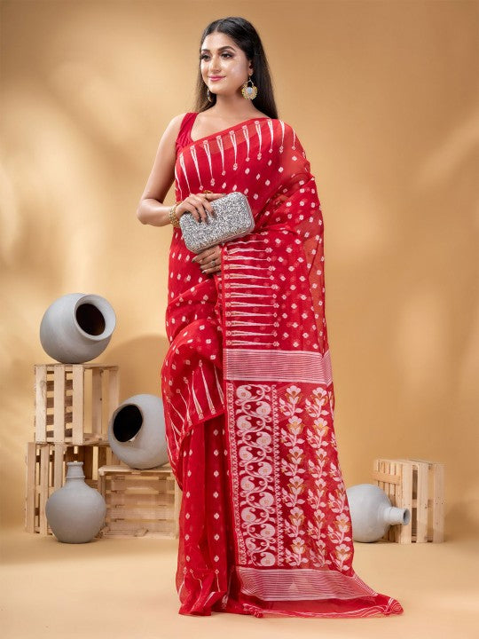 Exquisite Red & White Pure Cotton Jamdani Saree with Woven Ethnic Motifs