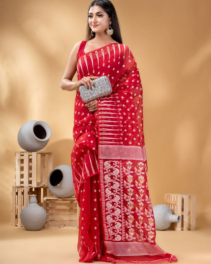 Exquisite Red & White Pure Cotton Jamdani Saree with Woven Ethnic Motifs
