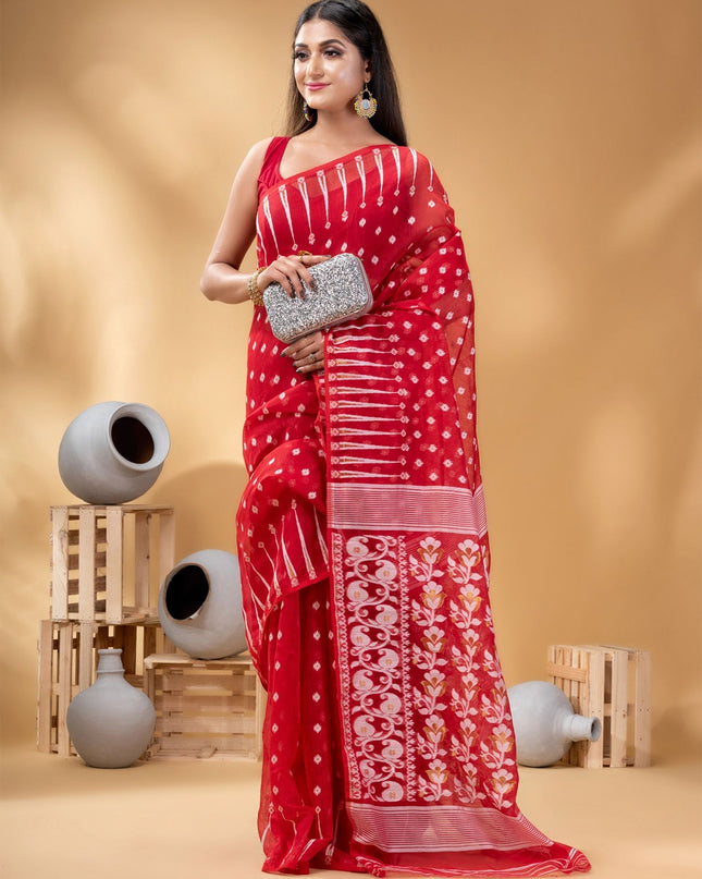 Exquisite Red & White Pure Cotton Jamdani Saree with Woven Ethnic Motifs