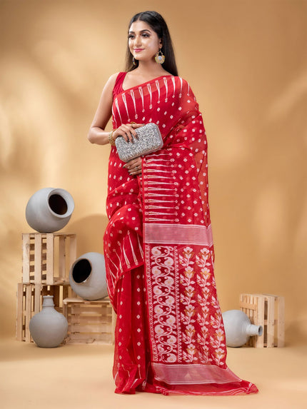Exquisite Red & White Pure Cotton Jamdani Saree with Woven Ethnic Motifs