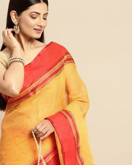 DESH BIDESH Yellow & Orange Woven Design Pure Cotton Taant Saree