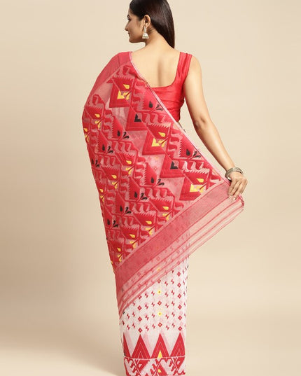 White & Red Pure Cotton Jamdani Saree