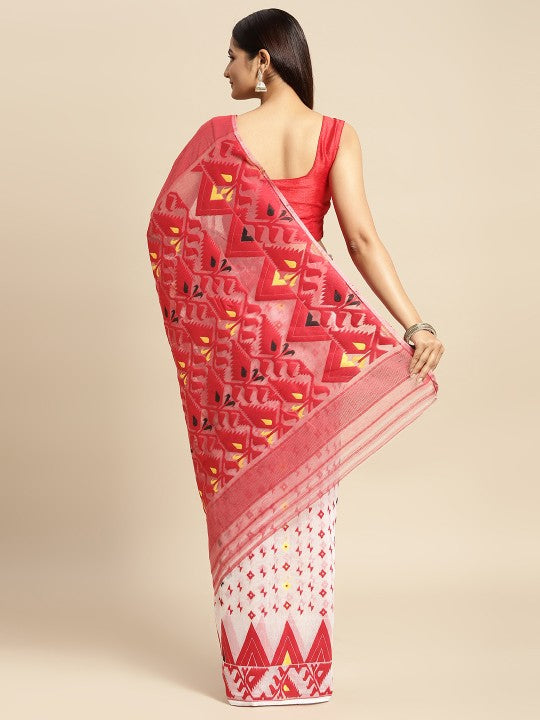 White & Red Pure Cotton Jamdani Saree