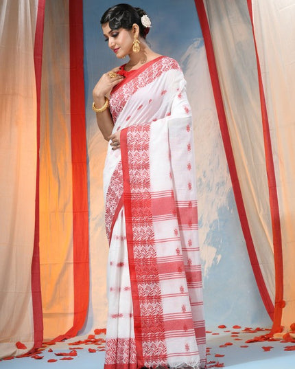 Elegant Floral Embroidered Handloom Saree: Red, White, Cotton Blend, Traditional Indian Wear