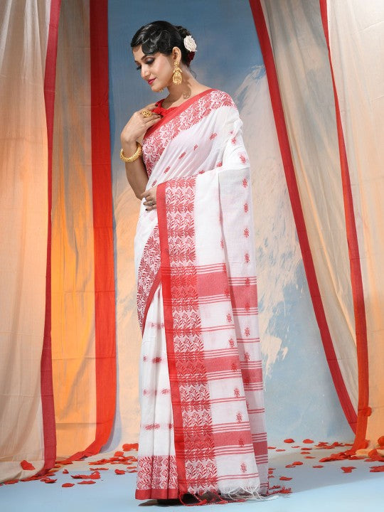 Elegant Floral Embroidered Handloom Saree: Red, White, Cotton Blend, Traditional Indian Wear