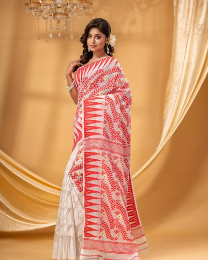 Red Cream Woven Pure Cotton Jamdani Saree with Floral Design Border