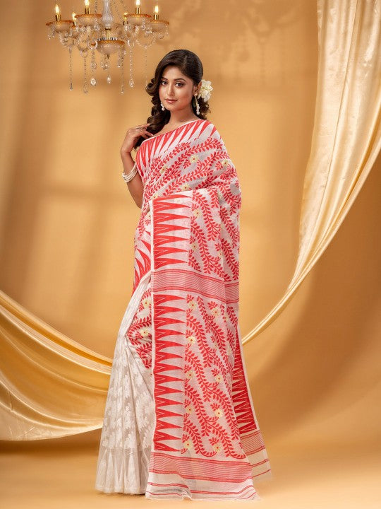 Red Cream Woven Pure Cotton Jamdani Saree with Floral Design Border