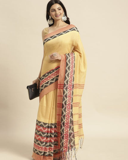 DESH BIDESH Yellow Pure Cotton Taant Saree