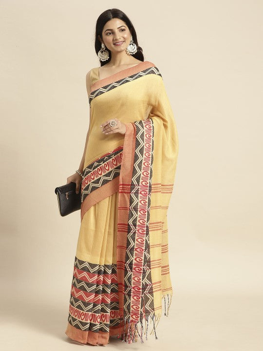 DESH BIDESH Yellow Pure Cotton Taant Saree