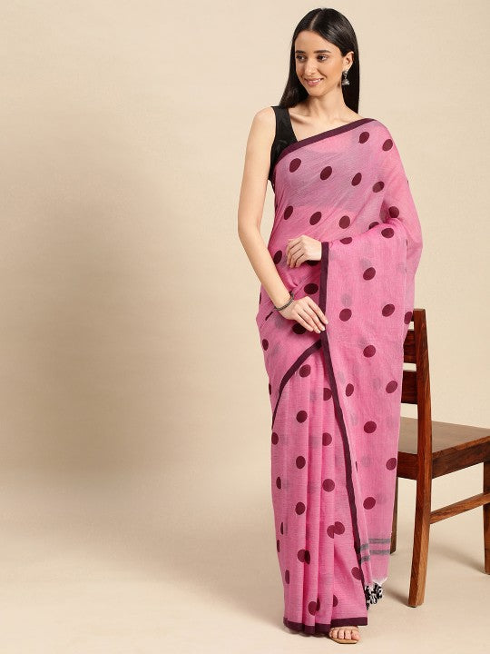 DESH BIDESH Polka Dots Pure Cotton Taant Saree