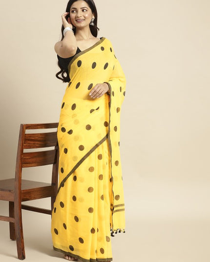 DESH BIDESH Yellow & Black Polka Dot Pure Cotton Taant Saree