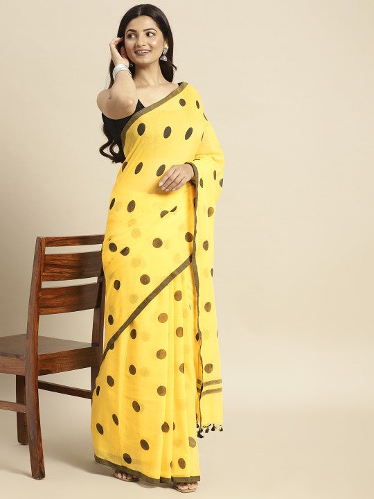 DESH BIDESH Yellow & Black Polka Dot Pure Cotton Taant Saree