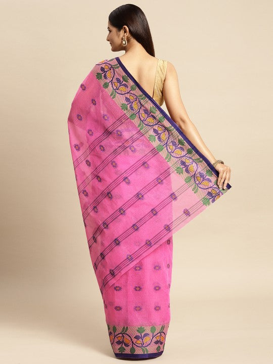 DESH BIDESH Pink & Blue Ethnic Motifs Pure Cotton Taant Saree