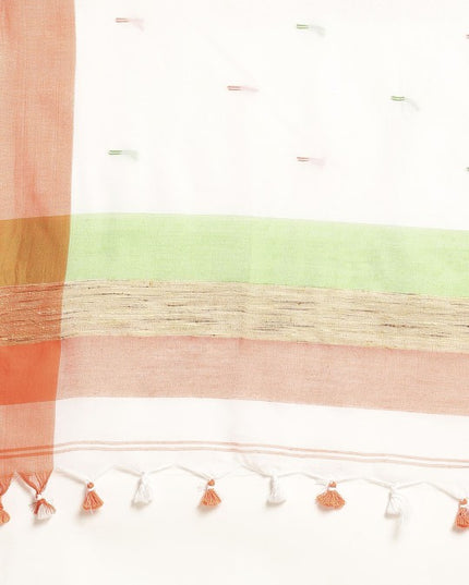 DESH BIDESH White & Orange Pure Cotton Taant Saree