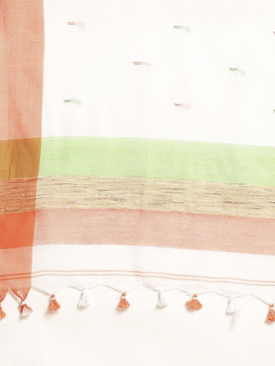 DESH BIDESH White & Orange Pure Cotton Taant Saree