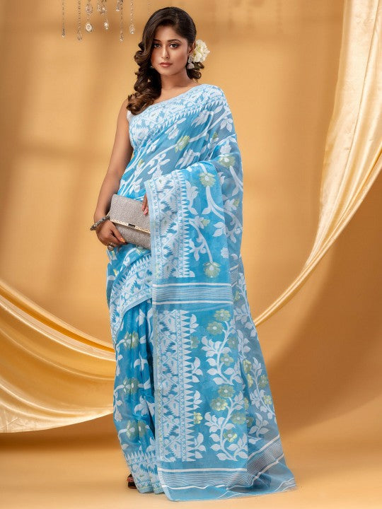 DESH BIDESH Floral Woven Design Pure Cotton Jamdani Saree