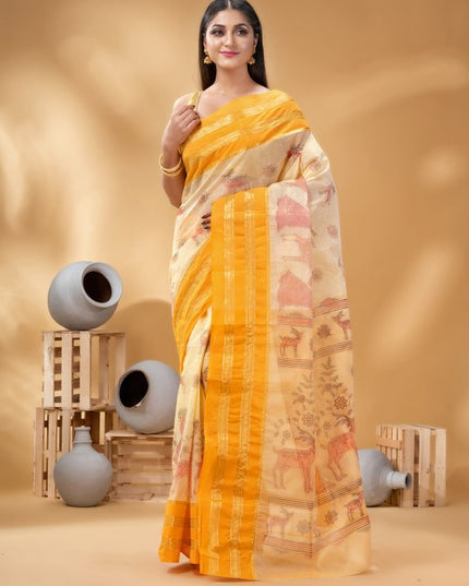 DESH BIDESH Ethnic Motifs Printed Zari Pure Cotton Taant Saree