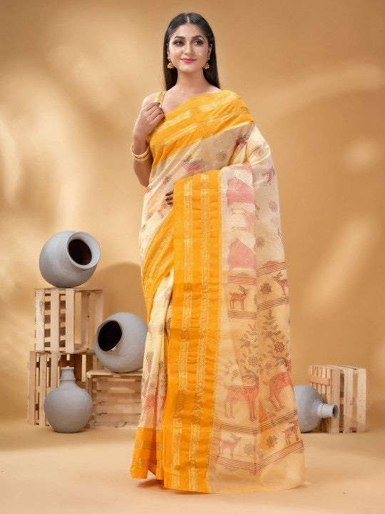 DESH BIDESH Ethnic Motifs Printed Zari Pure Cotton Taant Saree