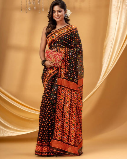 DESH BIDESH Floral Woven Pure Cotton Jamdani Saree for Women