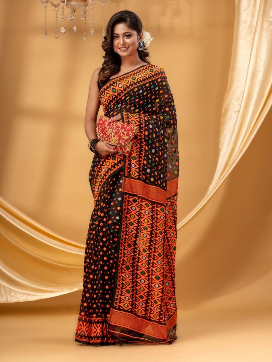 DESH BIDESH Floral Woven Pure Cotton Jamdani Saree for Women