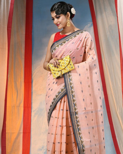 Exquisite Peach Pure Cotton Saree with Woven Border, Lightweight and Elegant