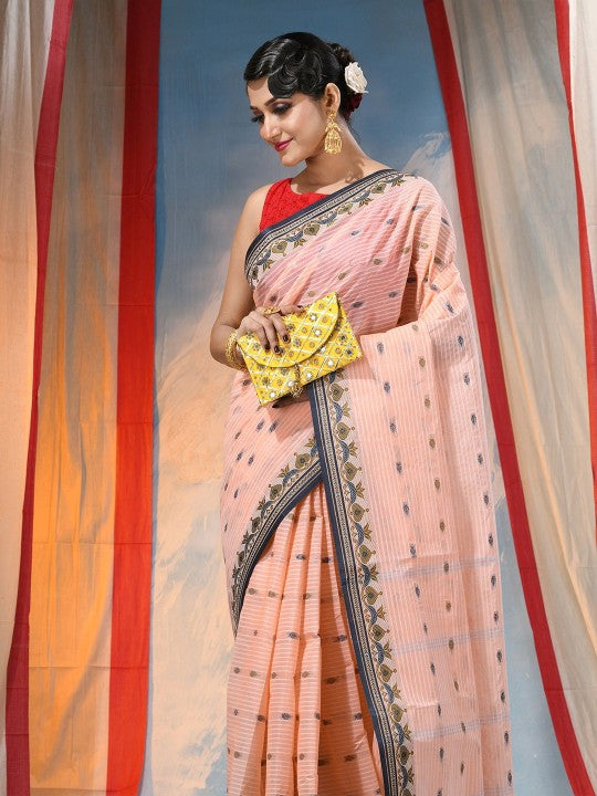 Exquisite Peach Pure Cotton Saree with Woven Border, Lightweight and Elegant