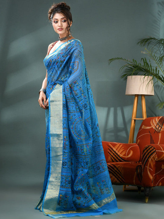 DESH BIDESH Kalamkari Printed Zari Bandhani Saree