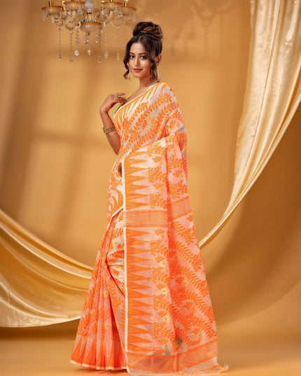 Exquisite DESH BIDESH Pure Cotton Jamdani Saree: Handwoven Elegance with Intricate Design