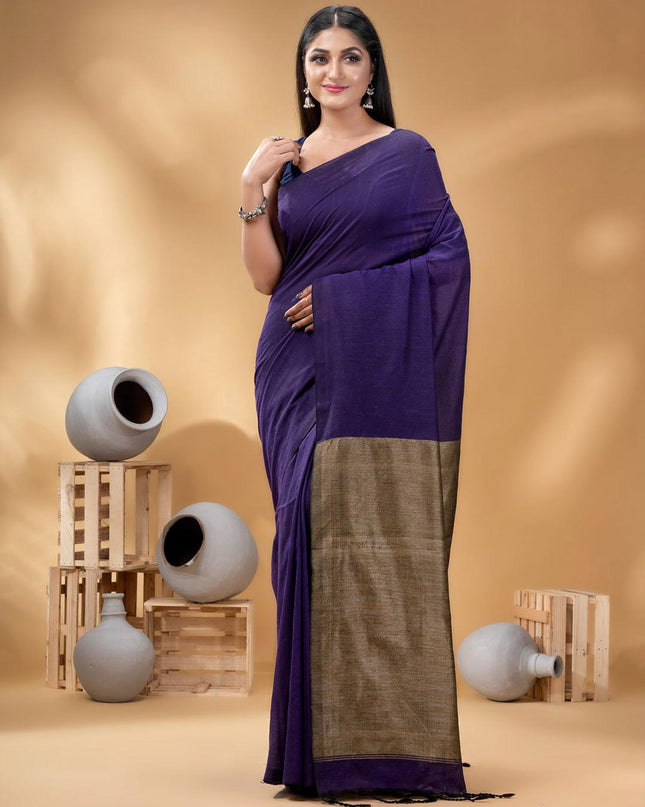 Exquisite Pure Cotton Solid Purple Saree with Blouse Piece for Women