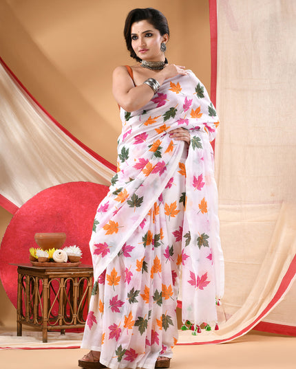 Women cotton handloom mulmul cotton sarees mul cotton sarees for women latest, Patta e Ishq design batik print bandhani malmal linen office daily, party, wear sarees for women (Pink)