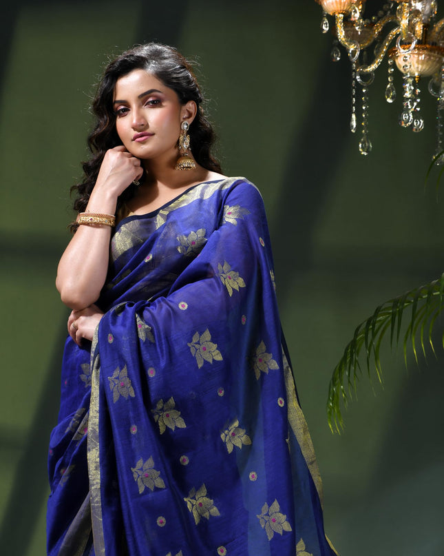 Cotton Silk Party Wear Saree Trendy Design Gulnaz Georgette Chiffon Cotton Saree (Dark Blue)