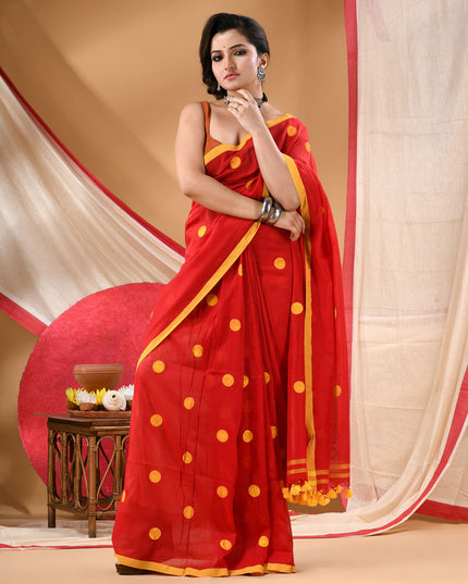 Women cotton handloom mulmul cotton sarees mul cotton sarees for women latest, Nazakat design batik print bandhani malmal linen office daily, party, wear sarees for women (Red Yellow)