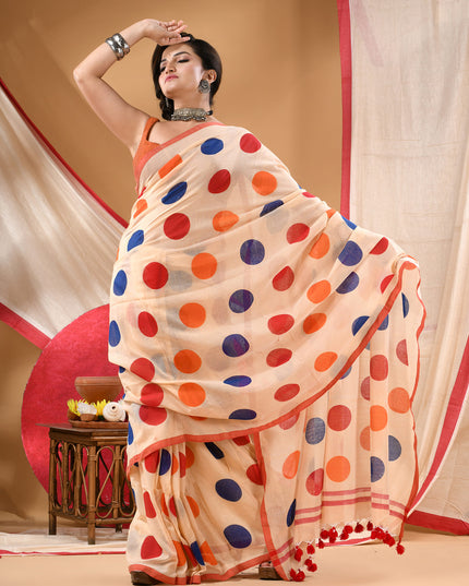 Women cotton handloom mulmul cotton sarees mul cotton sarees for women latest, Mohini design batik print bandhani malmal linen office daily, party, wear sarees for women (Off White Red)