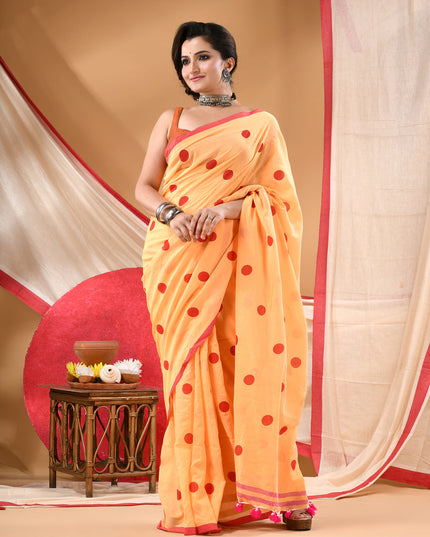 Women cotton handloom mulmul cotton sarees mul cotton sarees for women latest, Nazakat design batik print bandhani malmal linen office daily, party, wear sarees for women (Yellow Red)
