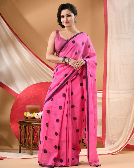 Women cotton handloom mulmul cotton sarees mul cotton sarees for women latest, Nazakat design batik print bandhani malmal linen office daily, party, wear sarees for women (Pink Black)